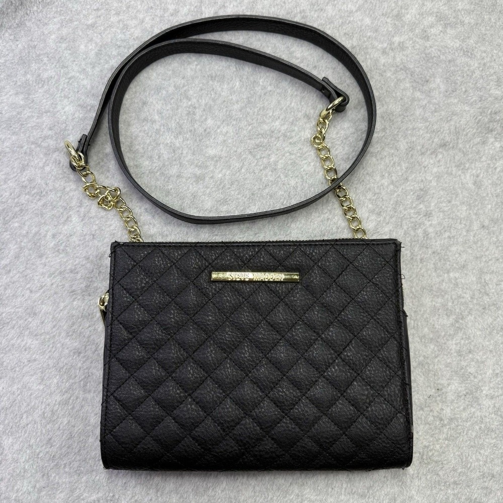 Steve Madden Crossbody Bag Womens Small Black Good Quilted Gold Chain Strap